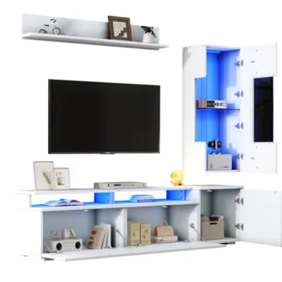 Produktbild von 3-teilig TV Wohnwand Set, LED Beleuchtung Hochglanz Wohnzimmer Möbel Set Frontale Wohnwand 1 x TV Schrank, 1 x Wohnzimmer Vitrine, 1 x Hängeregal, TV