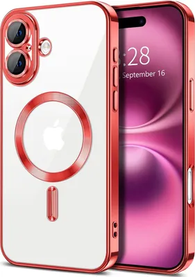 Produktbild von Magnetische Klar Hülle für iPhone 16, Kompatibel mit MagSafe, Elektroplattiert Handyhülle mit Kameraschutz Rot