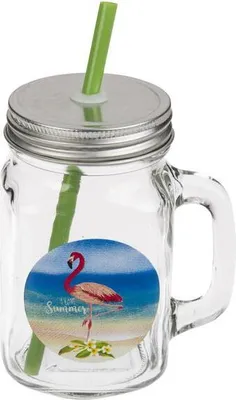 Obrázek produktu pro Sklenice "Mason" S Víčkem A Brčkem, 450Ml,Plameňák