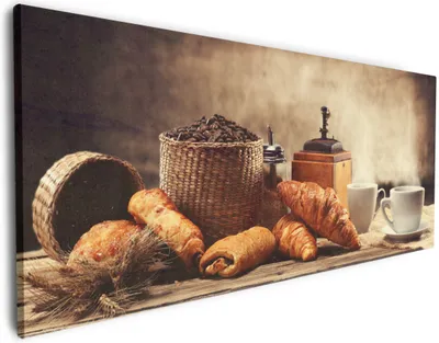 Produktbild von Wallario Premium Leinwandbild Französisches Frühstück mit Café und Croissants in Größe 80 x 200 cm