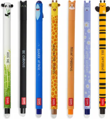 Obrázek produktu pro Sada stíratelných gelových per Legami, 7 kusů, stíratelná gelová pera, gelová pera, kočka, včela, korgi, žirafa, panda, žralok, hroch