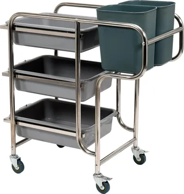 Immagine prodotto di Carrello di servizio, carrello da cucina, carrello di pulizia 3 ripiani, 5 contenitori 870x435x905 mm acciaio inox/PP