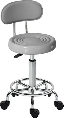 Produktbild von Rollhocker, Drehbarer und verstellbarer Hocker mit Rückenlehne, Kunstlederbezug, Fußstütze, für Frisiertische, Grau