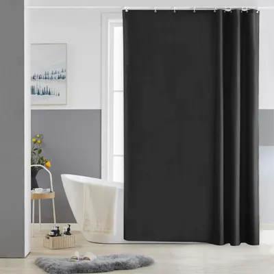 Produktbild von Schmaler Duschvorhang für Dusche und Badewanne, Badezimmervorhang aus Polyestergewebe, schimmelresistent, wasserabweisend und waschbar, schwarz 150x180 cm mit 10 Duschvorhangringen.