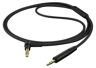 A black audio cable with 3.5mm connectors and an inline microphone control.