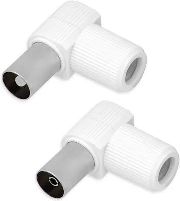 Two white and silver angled coaxial cable connectors on a white background.