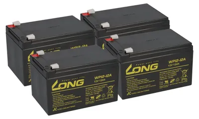 Four black rechargeable batteries are arranged in a two-by-two grid on a white background.