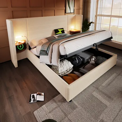 A bed with storage, showing its features and accessories in a bedroom setting.