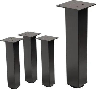 Four dark gray metal table legs of different heights are arranged on a white background.