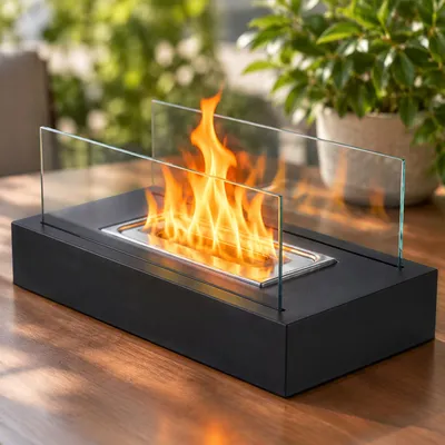 Produktbild von ZMH Bioethanol Tischkamin Edelstahl Tisch Kaminfeuer 35cm Rechteckig 250ml für indoor outdoor Glaskamin Glasfeuer Tisch Dekofeuer schwarz