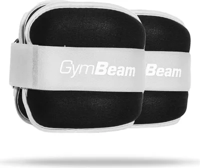 A pair of black and white weight cuffs with the brand name "GymBeam" printed on them.