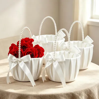 Blumenmädchenkorb, Satin, weiß, mit Perlenhenkel, 4 Stück