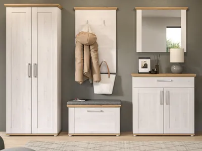 A hallway furniture set including a tall cabinet, a bench with storage, a coat rack, and a mirror.
