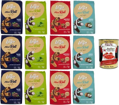 Produktbild von Gastone Lago Kit Mini Roll Mini-Waffel-Cannoli gefüllt mit Kokoscreme, Limettencreme, Kakaocreme und Haselnusscreme, 12x 125 g + Italian Gourmet polpa 400g