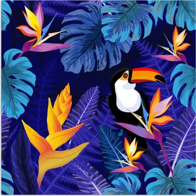 Produktbild von MuchoWow® Poster Dschungel - Tukan - Blumen - Pflanzen - Kinder - Lila - Tiere 50x50 cm - Wohnzimmerdekoration
