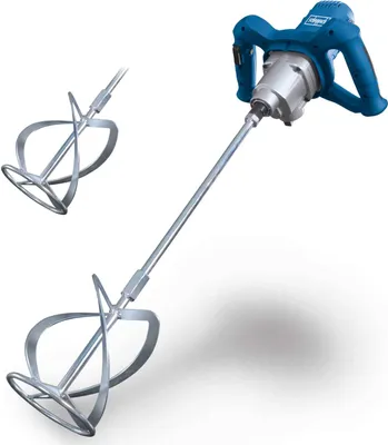 A blue and silver electric mixer with two mixing attachments on a white background.