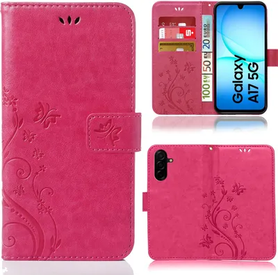 Produktbild von Handytasche für Samsung Galaxy A17 Schutz Hülle Handyhülle mit Blumenmuster Klapp Hülle mit Standfunktion und Kartenfächer Farbe: Pink