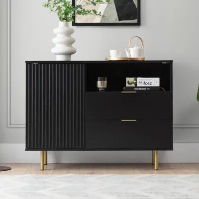 Produktbild von Kommode Nubia K1D2SZ mit zwei Schubladen Anrichte gefräste Fronten und Metallfüße Wohnzimmer (Schwarz + goldene Beine)