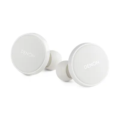 A pair of white Denon in-ear headphones on a white background.