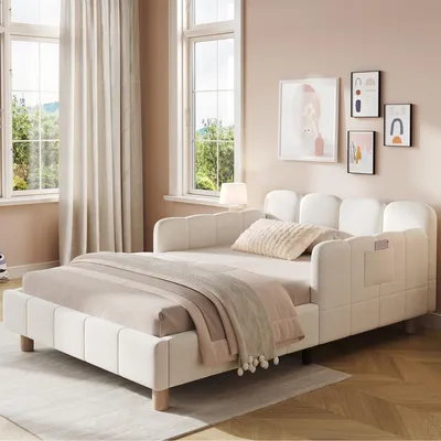 Productafbeelding van Gestoffeerd bed 90 x 200 cm, Glijbaan, Zijhek tegen uitvallen, Gestoffeerd hoofdbord, Lattenbodem, Fluweel, Kleur beige