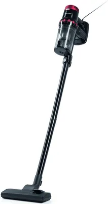 A black and red cordless vacuum cleaner is shown against a white background.