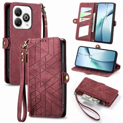 Produktbild von Für ZTE Blade A75 4G Geometric Design Kunstleder Zipper Book Wallet Tasche mit Schlaufe Rot