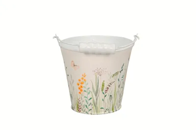 Produktbild von Eimer 2x Metall mit Henkel Blumenwiese Pflanztopf weiß/bunt Blumentopf Pflanzgefäß Ø11cm H10,5cm + ca. 8cm Henkel