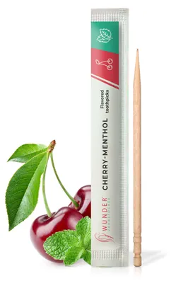 Produktbild von Wunder Zahnstocher mit Geschmack Kirsche Menthol, 100 Stück einzeln verpackt, intensiver Geschmack, frischer Atem, zuckerfrei, Alternative zu Kaugummi