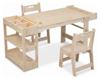 Obrázok produktu pre Sada detských stoličiek Buxibo – drevený stolík s 2 stoličkami a úložnými priehradkami – 118x56,5x57 cm – prírodná farba