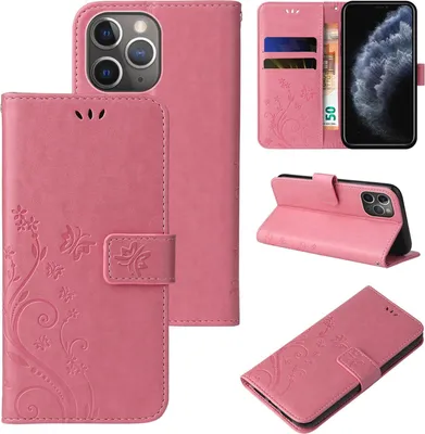 Produktbild von Handyhülle für Apple iPhone 11 Pro Max Floral Blumen Schmetterling Flip Cover Hülle Case Klapphülle Handytasche Farbe: Rosegold
