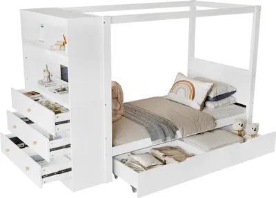 A white loft bed with drawers and shelves.