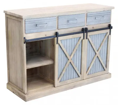 Immagine prodotto di Mobile in metallo e legno con ripiani e cassetti  113x39.5xH81 cm finitura moderna Dolph