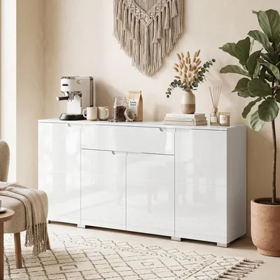 Produktbild von Hochglanz-Sideboard 4 Türen, Kommode Soft-Close verstellbare Einlegeböden, MDF Hochglanzweiß | 180 x 40 x 80 cm | 27 kg