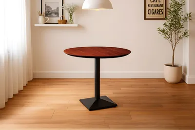 Produktbild von Bistrotisch rund mit Schweizer Kante Akazienholz nussbaum massiv 90 cm Säulengestell schwarz BRASILIA