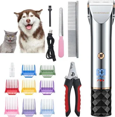 Imagen del producto de Kit de cuidado para mascotas Unyqoos®: recortador para perros y gatos de bajo ruido, con cuchillas de cerámica, 2 niveles de velocidad, carga USB, pantalla LED y 8 peines guía. Modelo: QR-9081