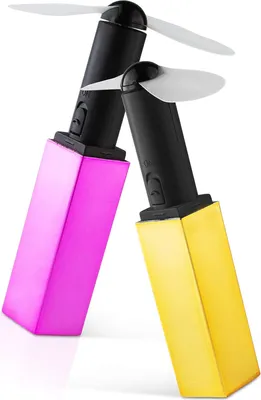 Two handheld fans with LED lights are leaning against each other.