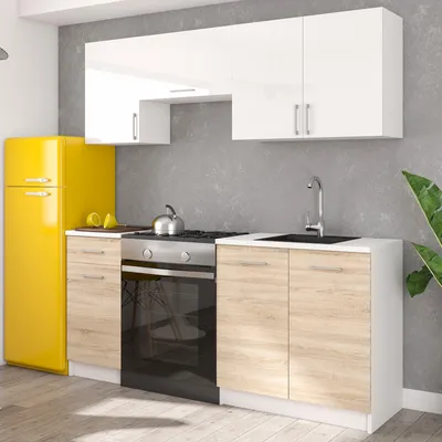 Produktbild von rö-furniture Küchenzeile Einbauküche, Braun und Weiß Glanz, Laminat Tischplatte, Schubladen mit Rollenzügen, Erweiterbar