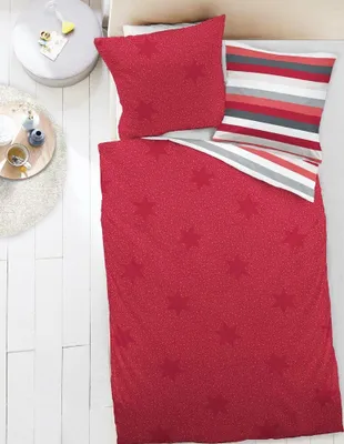 Produktbild von Dormisette Biber Bettwäsche 2 teilig Bettbezug 135 x 200 cm Kopfkissenbezug 80 x 80 cm Sterne rot gestreift