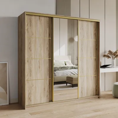 Produktbild von Masseno Schiebetürenschrank VARO 180/205/60 cm Kleiderschrank mit 4 Schubladen Schlafzimmer Schrank 3-türig mit Spiegel Sonoma Eiche