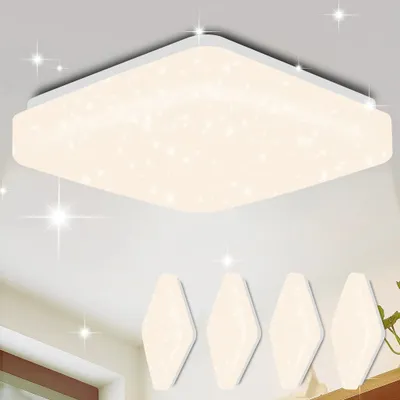 A square ceiling light with a starry sky effect is shown on a white ceiling. Below it, four diamond-shaped wall lights are displayed against a white wall.
