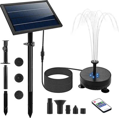 Produktbild von Solarna pompa wodna z 5 kolorowymi diodami LED, 7-częściowy zestaw dysz, zdalnie sterowana pompa fontannowa, maks. wydajność 170 l/h, 7 regulowanych skoków, maks. wysokość natrysku 60 cm, z wbudowanym akumulatorem, kablem o długości 3 m, montażem ściennym i panelem wbudowanym w podłoże na słoneczne i pochmurne dni i noce