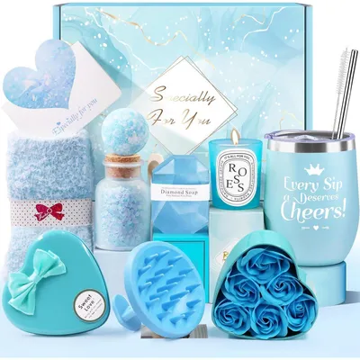 Immagine prodotto di Set regalo per donne, 10 pezzi: tazza termica blu, spazzola massaggiante per il cuoio capelluto, candela profumata, sali da bagno, bomba da bagno, sapone, biglietto di auguri, confezione regalo