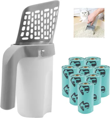 Obrázek produktu pro Lopatka na kočičí toaletu 2 v 1 s odpadním košem, 8 rolí sáčku na odpad, velká, pro kočičí toaletu