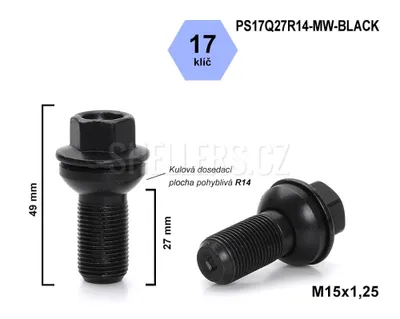 Obrázok produktu pre Skrutka M15x1,25x27 s guľôčkou R14, s pohyblivým čelom, kľúč 17, PS17Q27R14-MW-BLACK, čierna, výška 49 mm