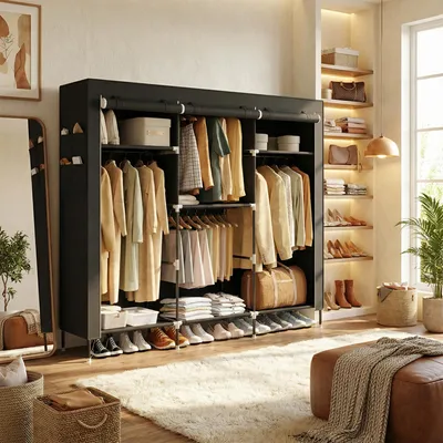 Produktbild von SONGMICS Stoffschrank mit Kleiderstange, Kleiderschrank mit Seitentaschen, Schrank für Schlafzimmer, 4 Hängefächer, schwarz