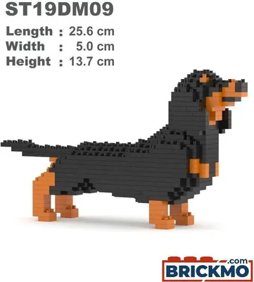 A 3D model of a dachshund made of building blocks, with dimensions and a logo displayed.