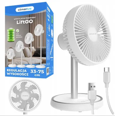 Zdjęcie produktu dla Wentylator Stojący USB Climative LiftGo Bezprzewodowy Mocny Akumulator 15h 4000 mAh Regulacja 33-75cm Oscylacja 90° 3 tryby 35 dB 450 m³/h