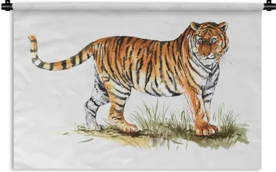 Produktbild von MuchoWow® Wandteppich Wandbehang Tiger - Gras - Weiß 90x60 cm Tapisserie Dekoration Wandtuch - Wandskulpturen - Bildteppich