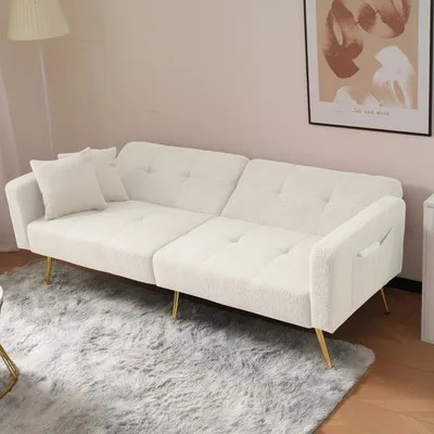 Produktbild von MERAX Schlafsofa mit Bettfunktion, Bettsofa, Klappsofa, Gästebett，umwandelbares Schlafsofa mit Lammwolloberfläche und vergoldeten Beinen