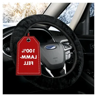 Produktbild von Lenkradbezug aus 100% Lammfell – Auto Lenkradschutz Winter, Fell Lenkradbezug, extra weich warm, universell passend, schwarz